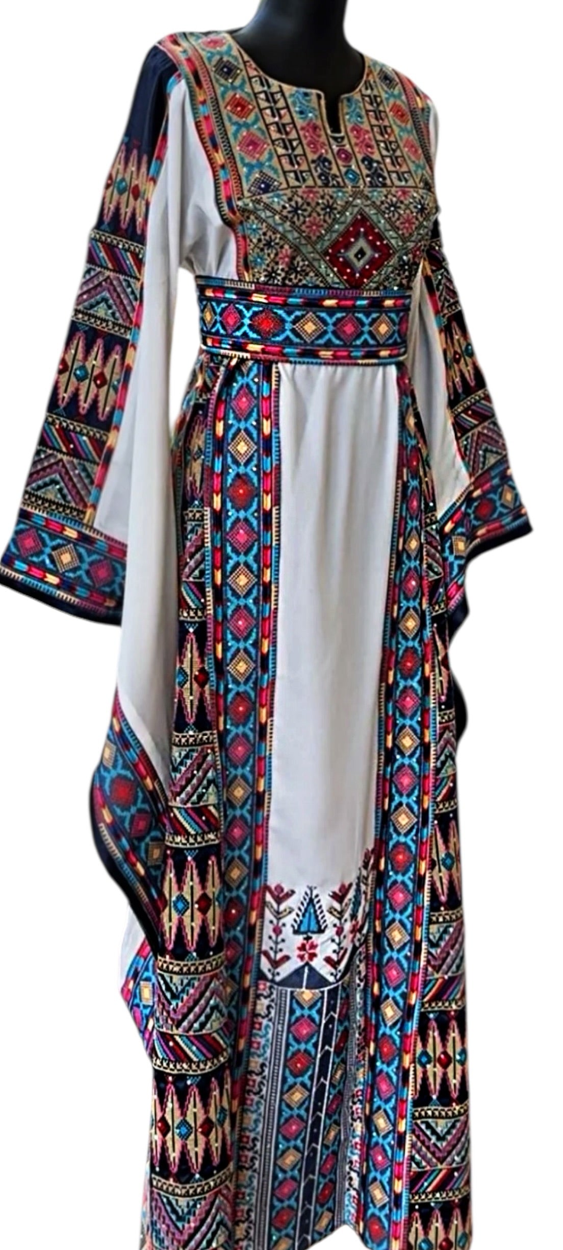 Royal White Embroidery Traditional Palestinian Thobe Machine Made