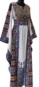 Royal White Embroidery Traditional Palestinian Thobe Machine Made