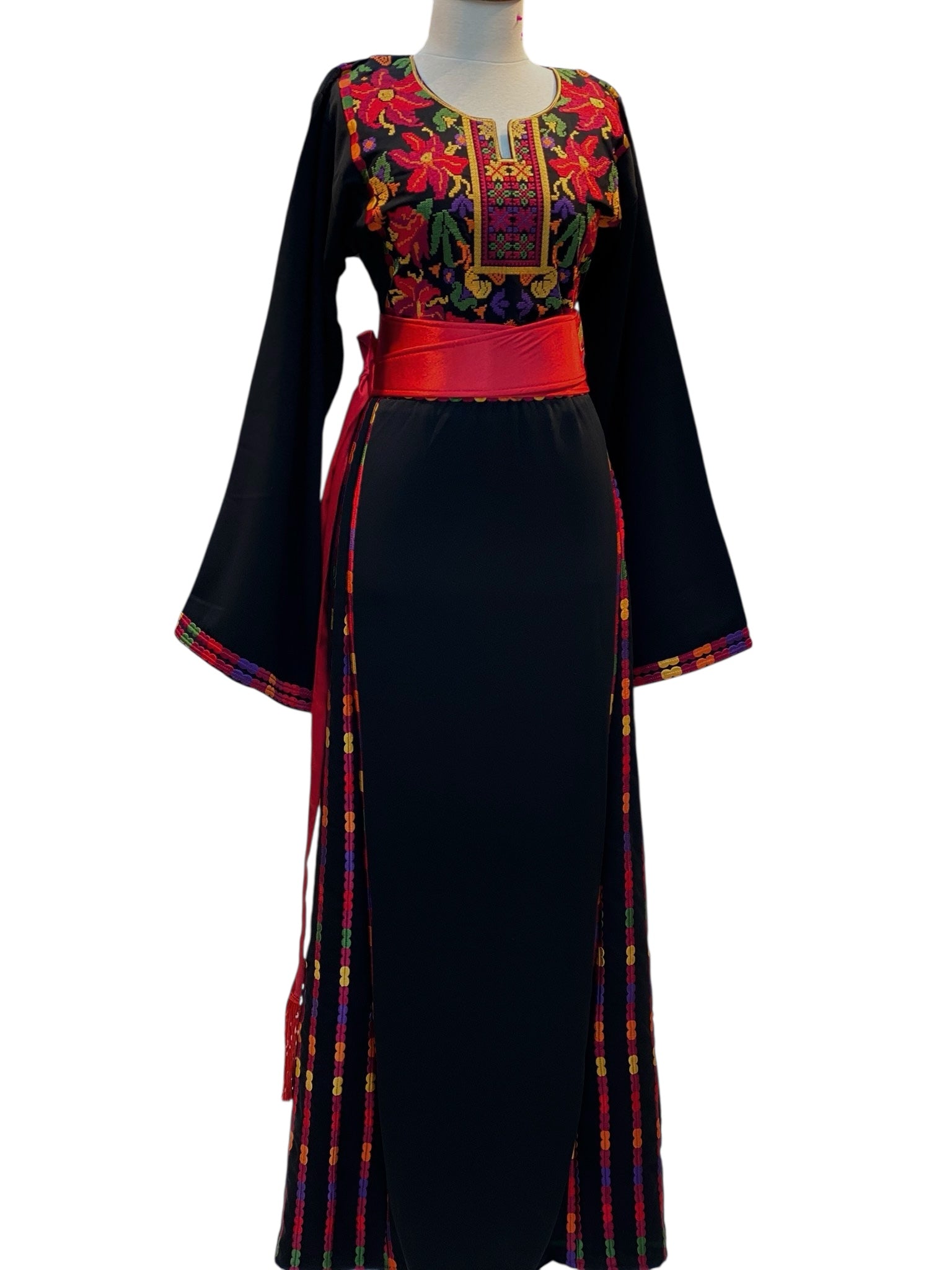 🌺 Floral Palestinian Thobe – Black with Vibrant Red & Multicolor Embroidery