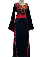 Load image into Gallery viewer, 🌺 Floral Palestinian Thobe – Black with Vibrant Red &amp; Multicolor Embroidery
