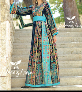 Turquoise Velvet Malacca Embroidered Palestinian Fellahi Thobe