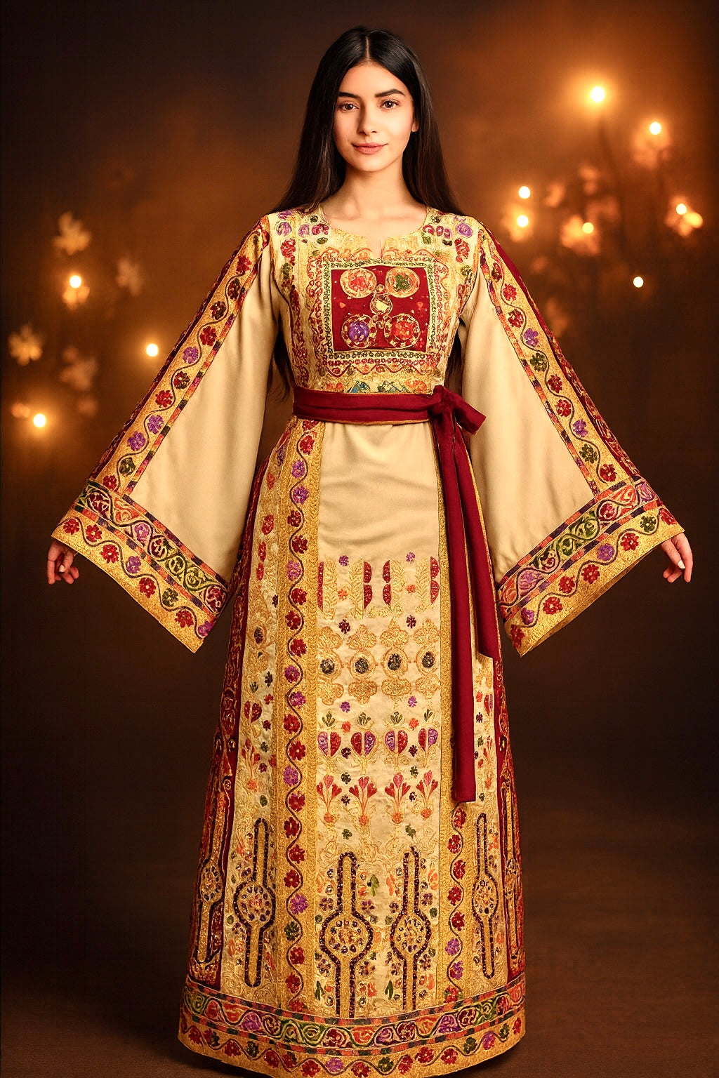 Baharej Thoub Luxury Embellishments  Beige Shade Embroidered Palestinian Thobe