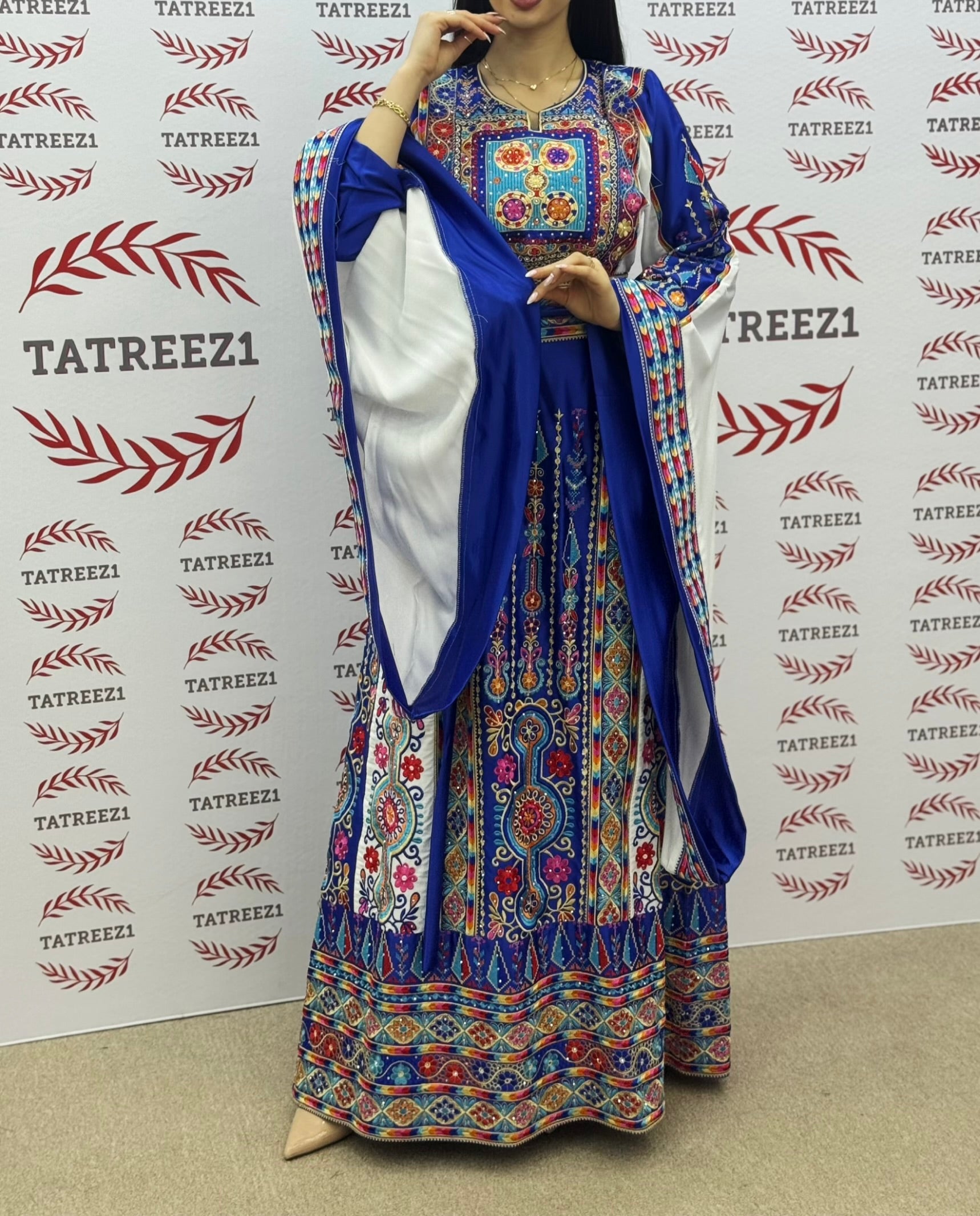 Blue Embroidered Palestinian Thobe with Wide Sleeves and Belt