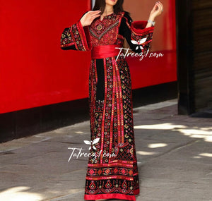 Red Traditional With Reversible Belt Embroidered Palestinian Fellahi Thobe