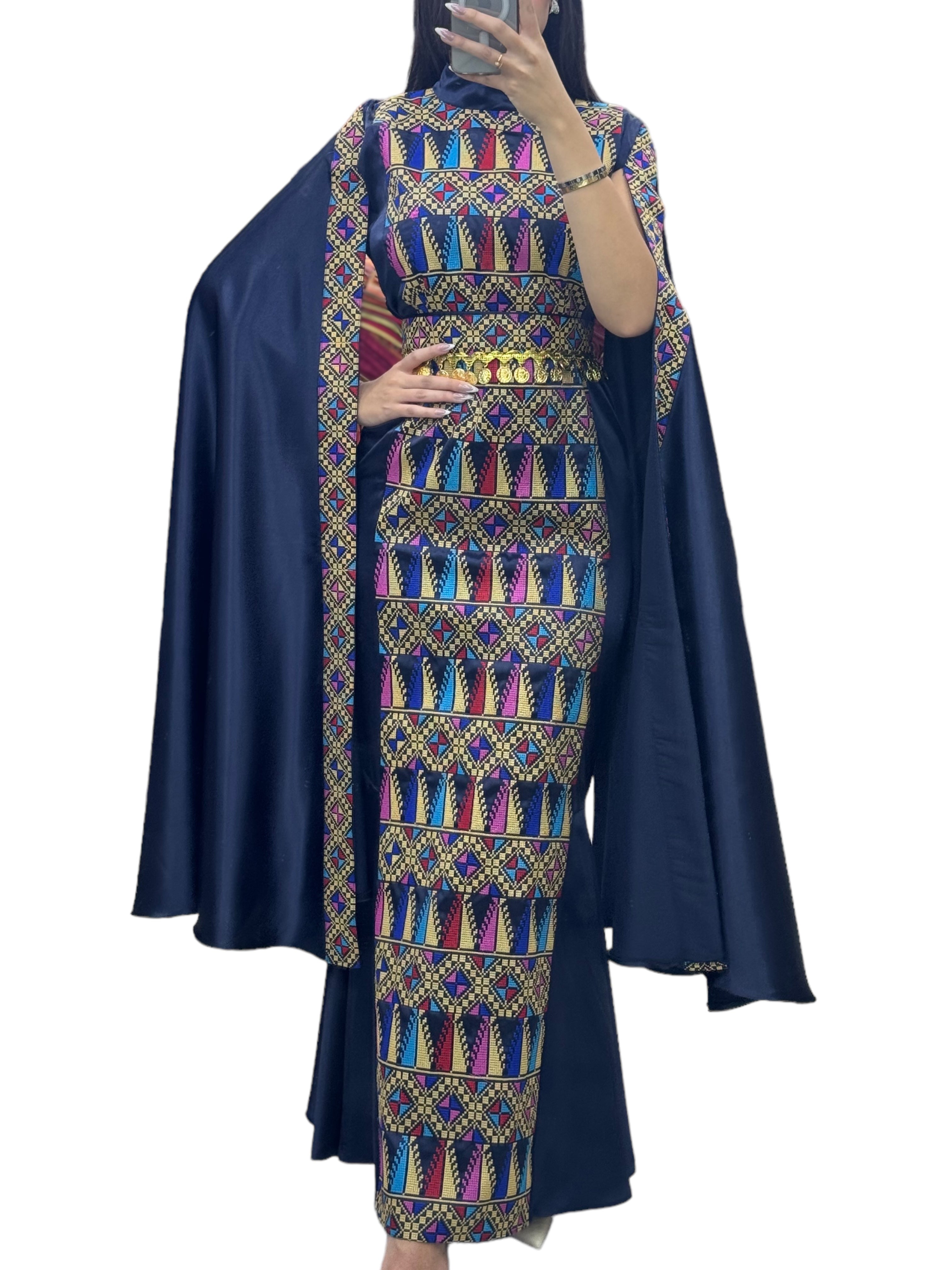 Navy Dress Sleeve Drop Tatreez Elegant Beautiful Embroidery