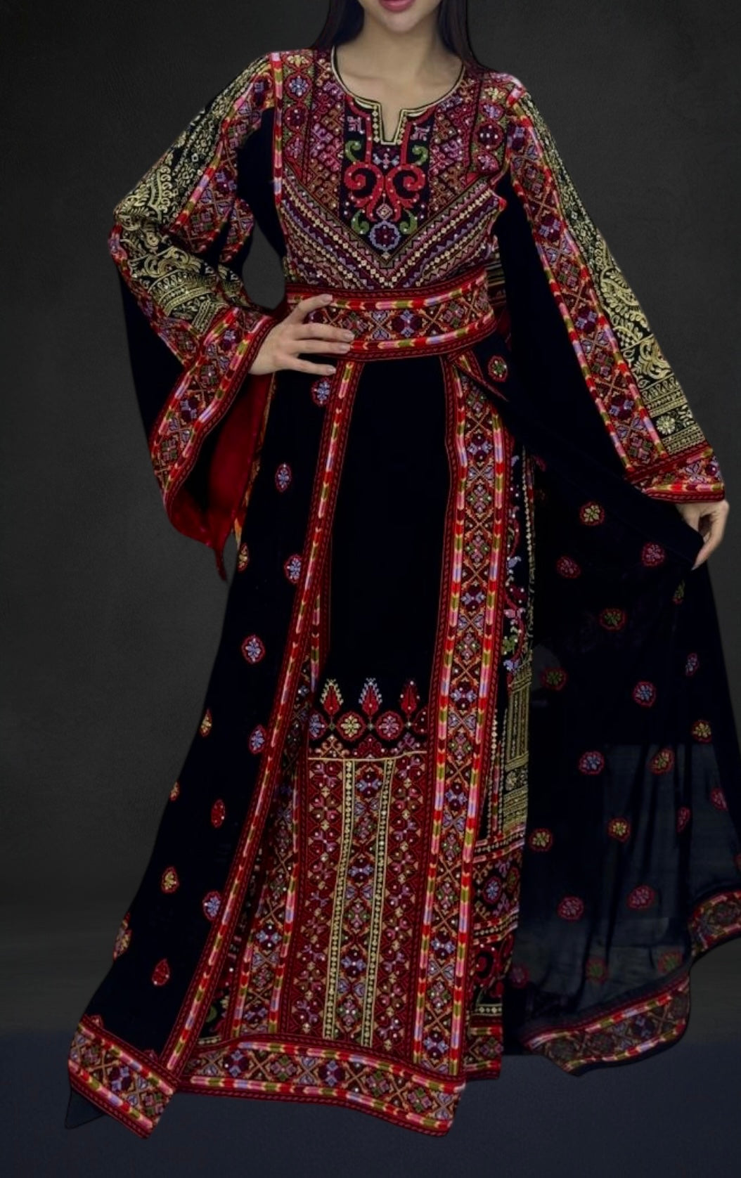 Black & Red Thoub with Stone Embroidery and Overskirt
