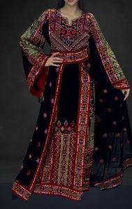 Black & Red Thoub with Stone Embroidery and Overskirt