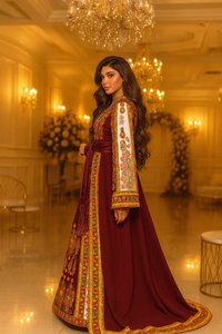 Burgundy Malacca Silk Thoub with Stone Embroidery and Overskirt