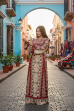 Load image into Gallery viewer, Beige &amp; Maroon Thobe with Geometric Floral Embroidery
