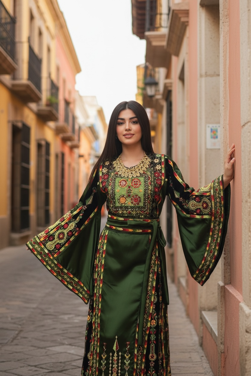 Luxurious Satin Thoub in Emerald Green