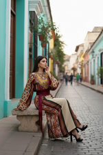 Load image into Gallery viewer, Beige Majdalway Embroidered Palestinian Fellahi Thobe With Matching Headpiece
