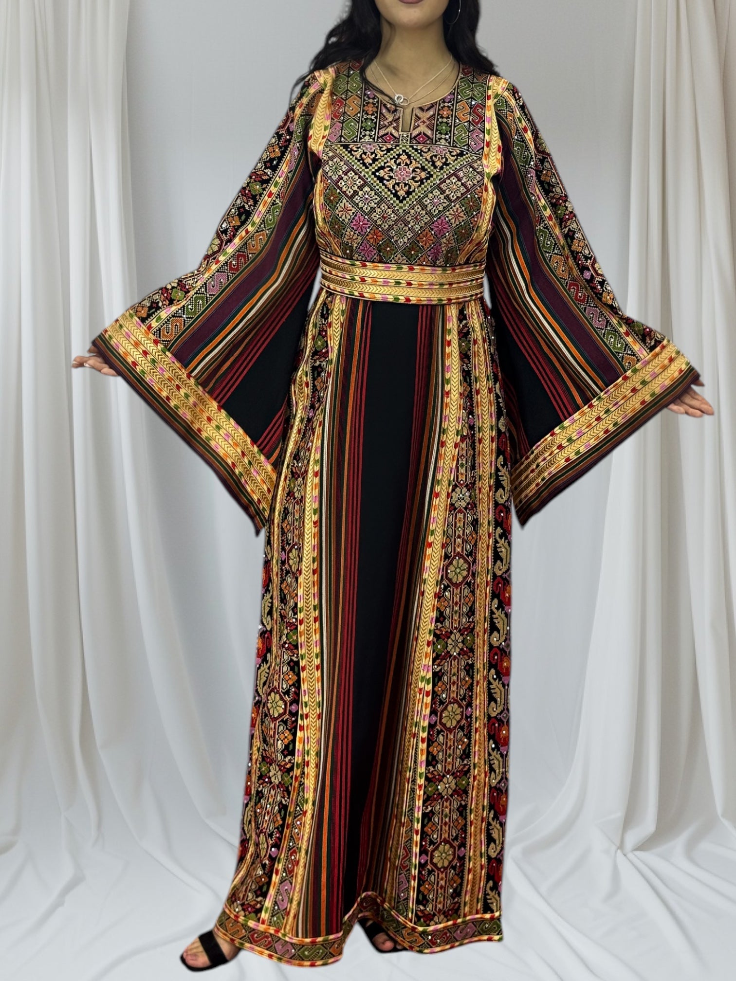 Majdalway Black & Multicolor Embroidered Palestinian Fellahi Thobe