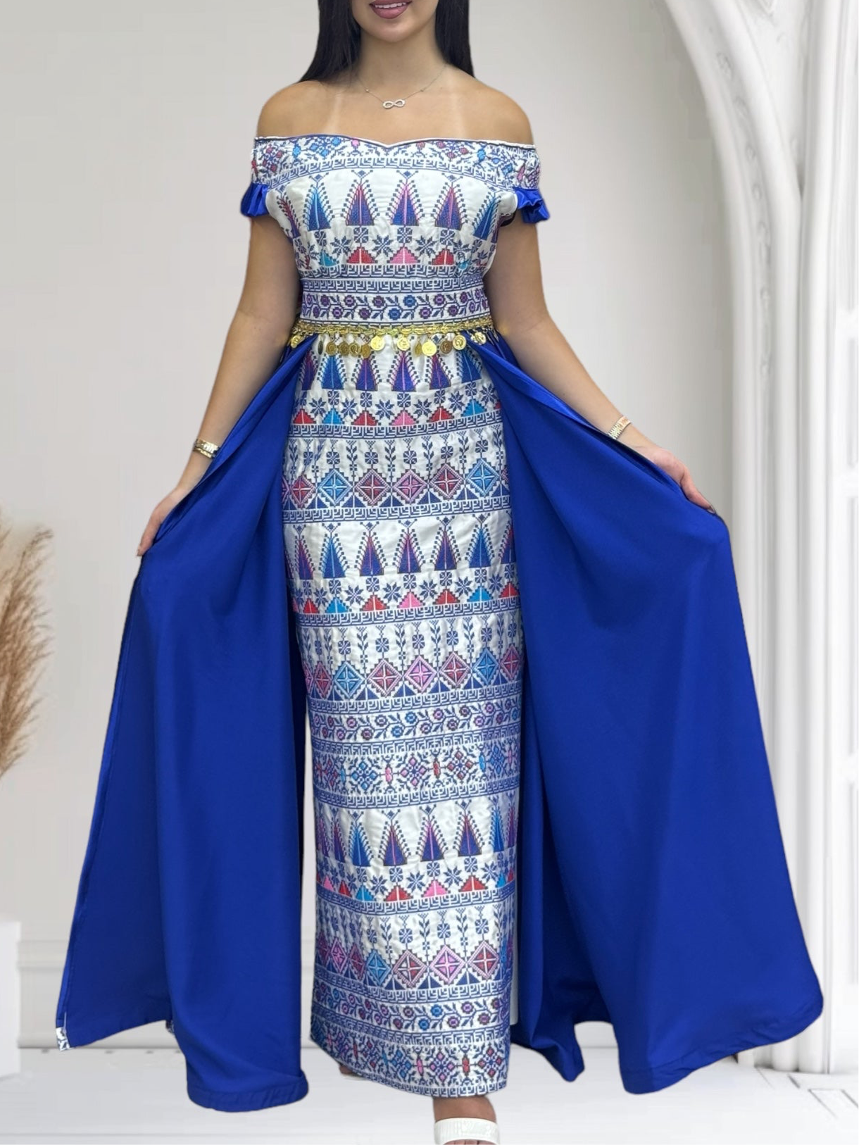 Blue Dress Off Shoulder Embroidered long Overskirt