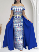 Load image into Gallery viewer, Blue Dress Off Shoulder Embroidered long Overskirt
