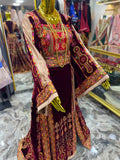 Malacca Thoub Silk Velvet Maroon Embroidery Thoub & Overskirt