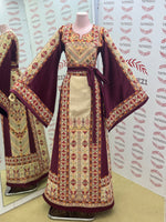Load image into Gallery viewer, Beige Color thoub Maroon Embroidered Palestinian Fellahi Thobe With Belt
