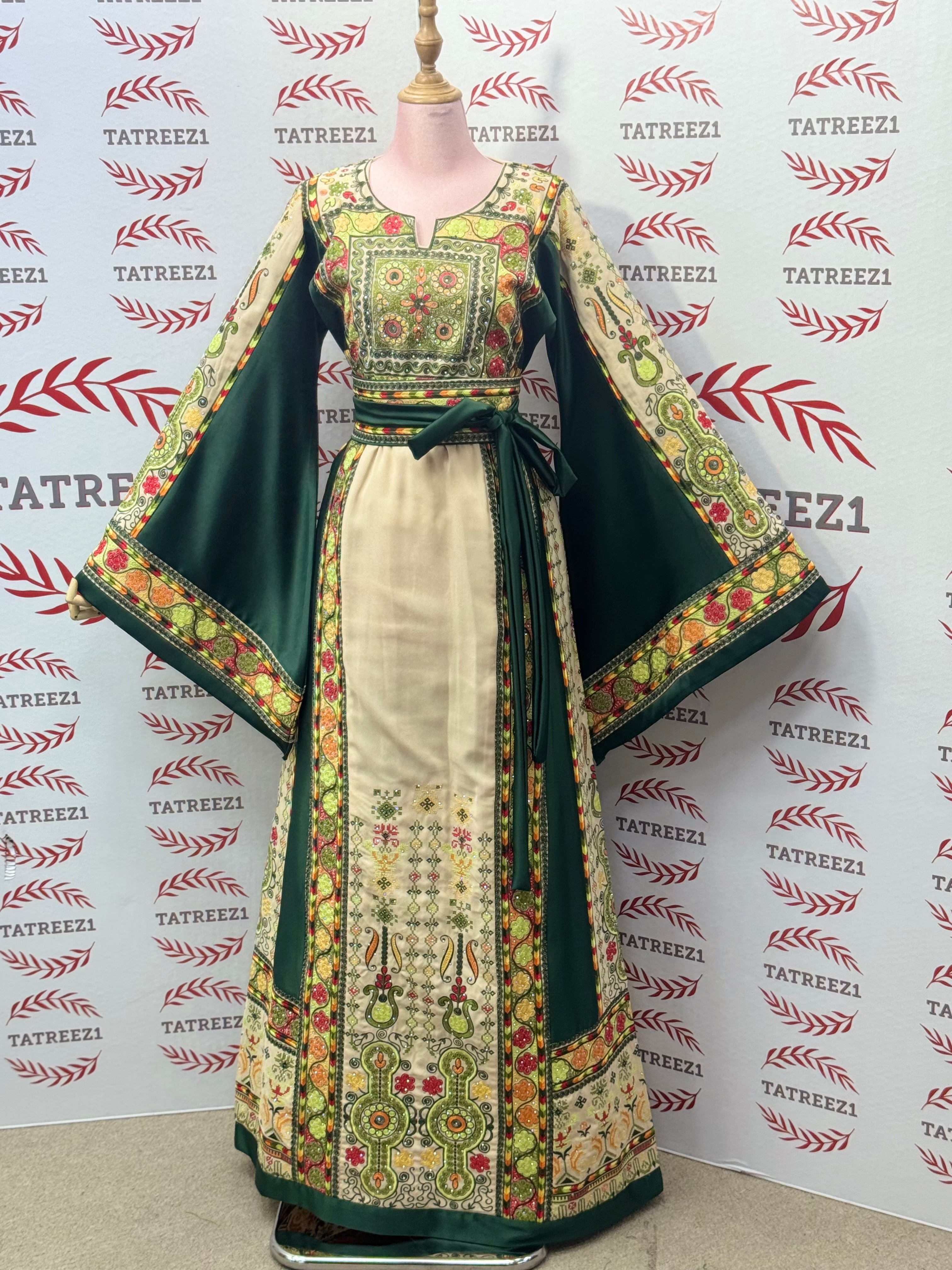 The Green & Cream Palestinian Tatreez Thobe Heritage Elegance Embroidered Dress
