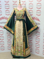 Load image into Gallery viewer, The Green &amp; Cream Palestinian Tatreez Thobe Heritage Elegance Embroidered Dress
