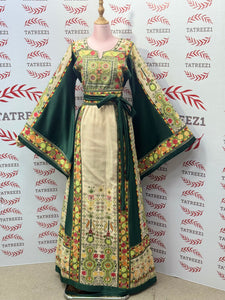 The Green & Cream Palestinian Tatreez Thobe Heritage Elegance Embroidered Dress