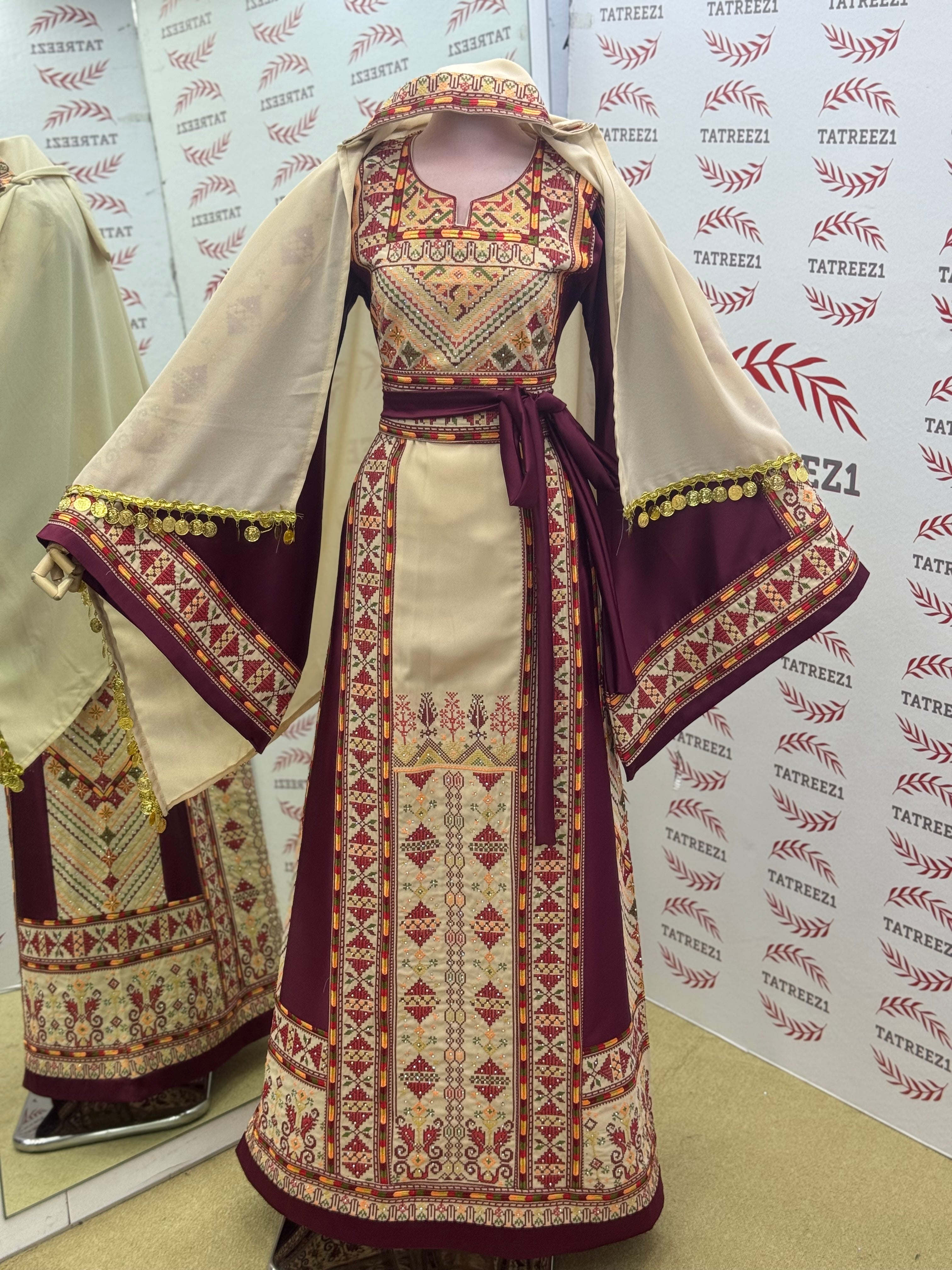 Beige Color thoub Maroon Embroidered Palestinian Fellahi Thobe With Belt