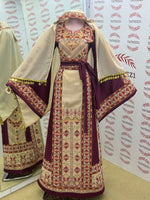 Load image into Gallery viewer, Beige Color thoub Maroon Embroidered Palestinian Fellahi Thobe With Belt
