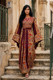 Red Fully Embroidered  Thoub Dress with Reversible Belt