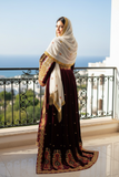 Qasab Maroon Malacca Silk Velvet Thoub with Embroidery and Overskirt