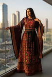 Dark maroon Embroidered Palestinian Thobe Featuring Wide Sleeve