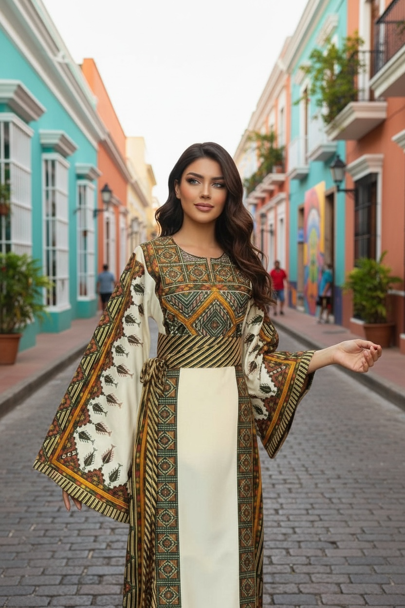 Green Embroidered Palestinian Thobe Wide Sleeves