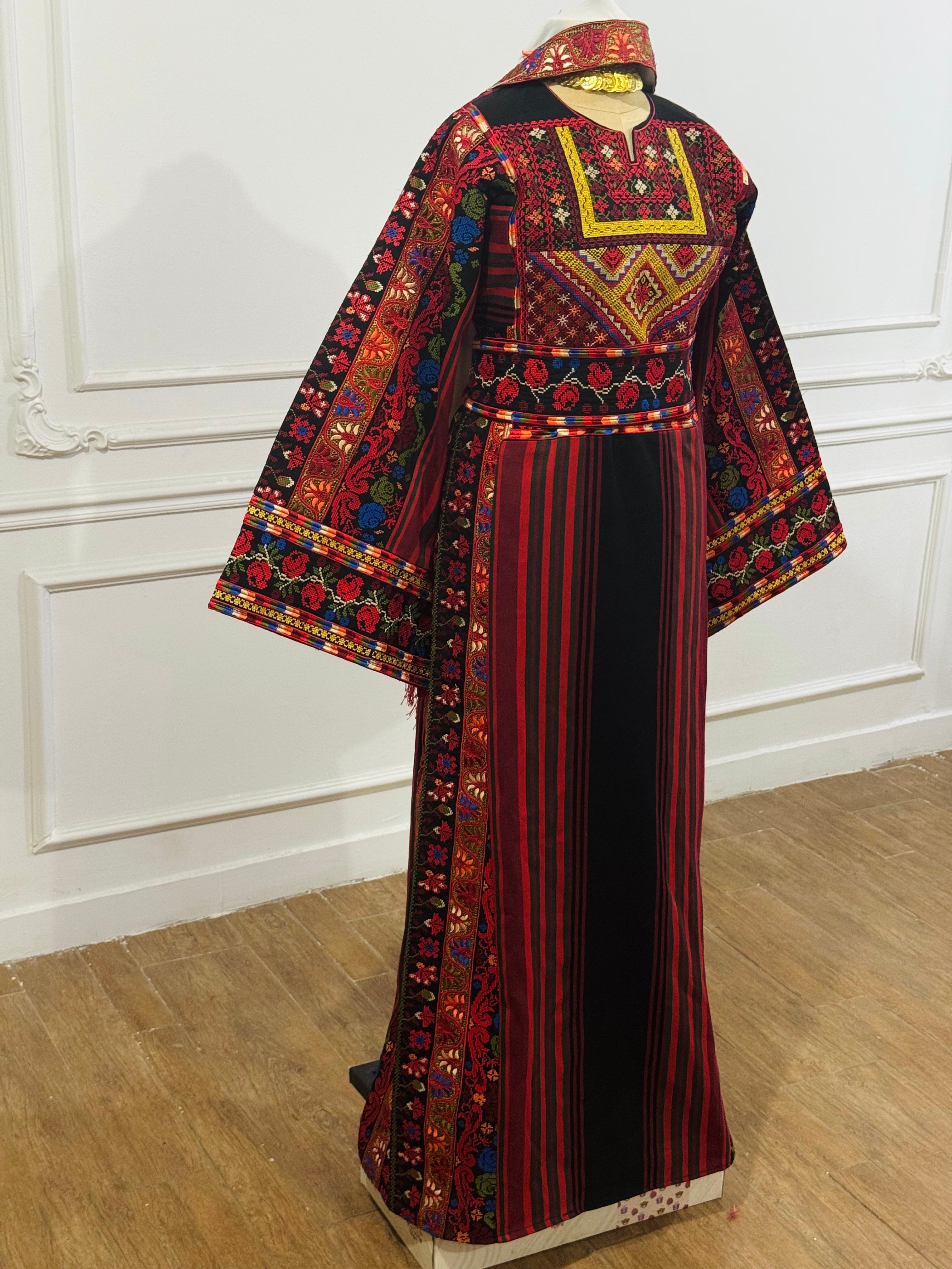 Luxury Black/ Red Majdalway Embroidered Palestinian Fellahi Thobe Whith Headpiece