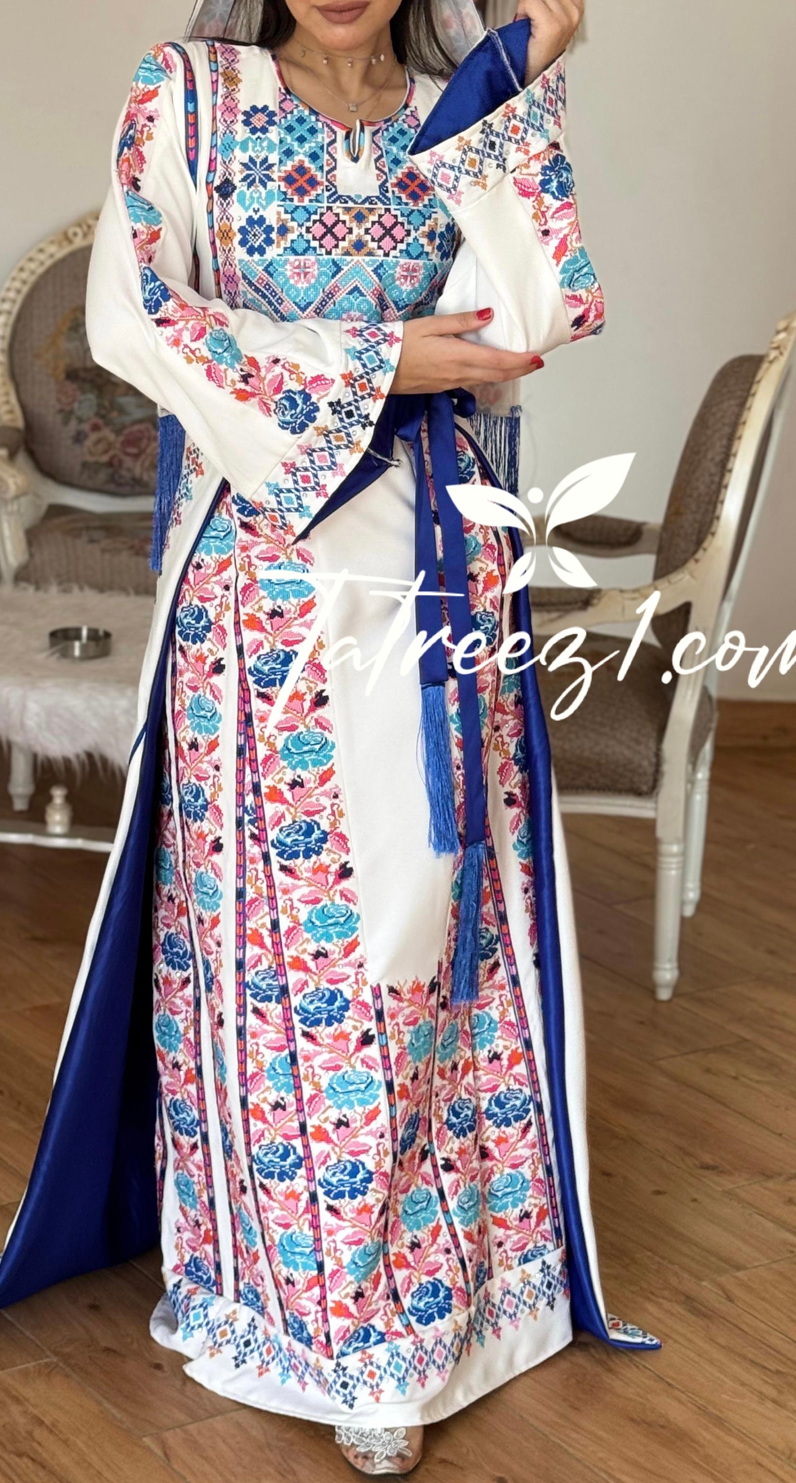 White Stunning Thoub with Floral Blue/Pink Embroidery and Overskirt.