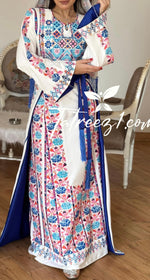 Load image into Gallery viewer, White Stunning Thoub with Floral Blue/Pink Embroidery and Overskirt.
