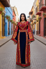 Load image into Gallery viewer, Blue Velvet embellished with intricate Qasab (metallic) embroidery.
