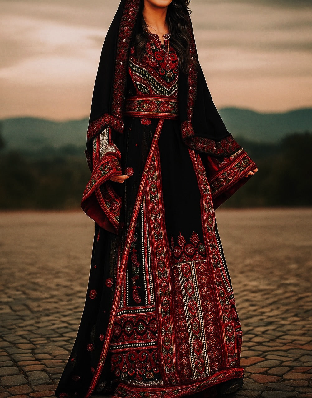 Black & Red Thoub with Stone Embroidery and Overskirt