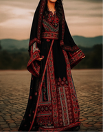 Load image into Gallery viewer, Black &amp; Red Thoub with Stone Embroidery and Overskirt

