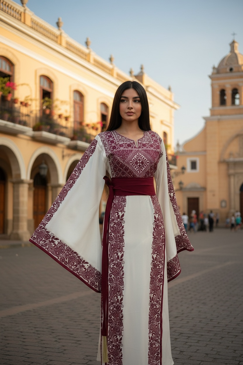 Wide Sleeve Thoub Red Embroidered Palestinian Thobe With Satin Belt