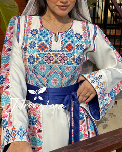 White Stunning Thoub with Floral Blue/Pink Embroidery and Overskirt.