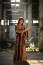 Load image into Gallery viewer, Maroon German velvet Palstainen Golden Embroidery Traditional Long Thoub
