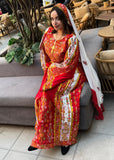 Traditional Palestinian Red Thobe with Intricate Embroidery – Machine Made with Matching Head Scarf