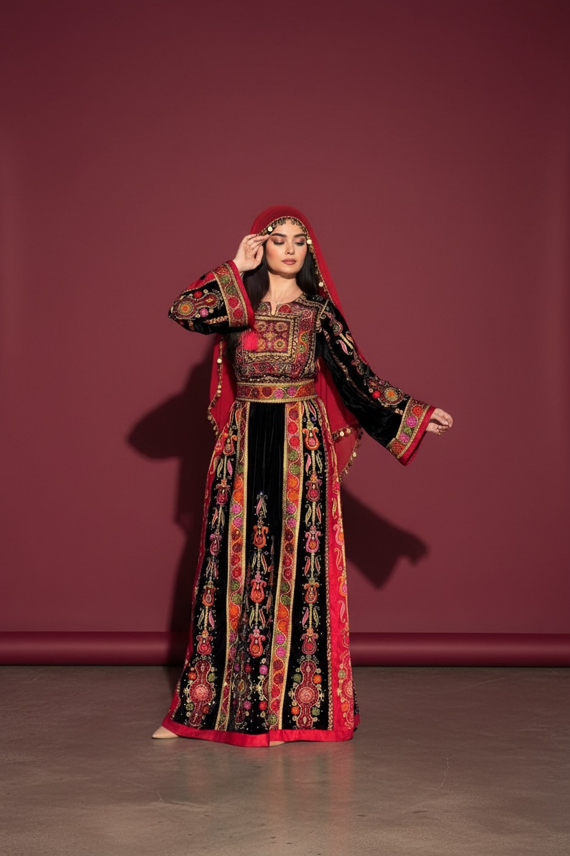 Black Velvet Malacca Red Embroidered Palestinian Fellahi Thobe