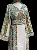 Etameen Light Beige Shade Traditional Green Embroidered Palestinian Fellahi Thobe