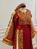 Traditional Palestinian Red Thobe with Intricate Embroidery – Machine Made with Matching Head Scarf