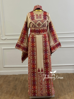 Charger l&#39;image dans la galerie, Traditional Palestinian Beige Thobe with Embroidery – Machine Made with Matching Head Scarf
