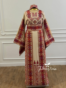 Traditional Palestinian Beige Thobe with Embroidery – Machine Made with Matching Head Scarf