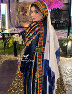 Load image into Gallery viewer, Blue Silk Light Velvet Traditional Embroidered Thoub With Matching Headpiece
