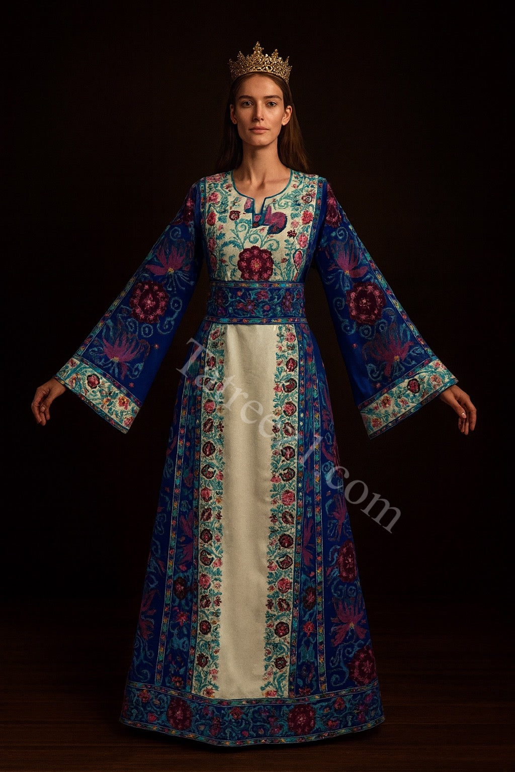 Blue Embroidered Palestinian Thobe with Wide Sleeves and Belt