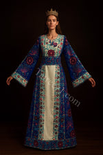 Load image into Gallery viewer, Blue Embroidered Palestinian Thobe with Wide Sleeves and Belt
