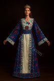 Blue Embroidered Palestinian Thobe with Wide Sleeves and Belt