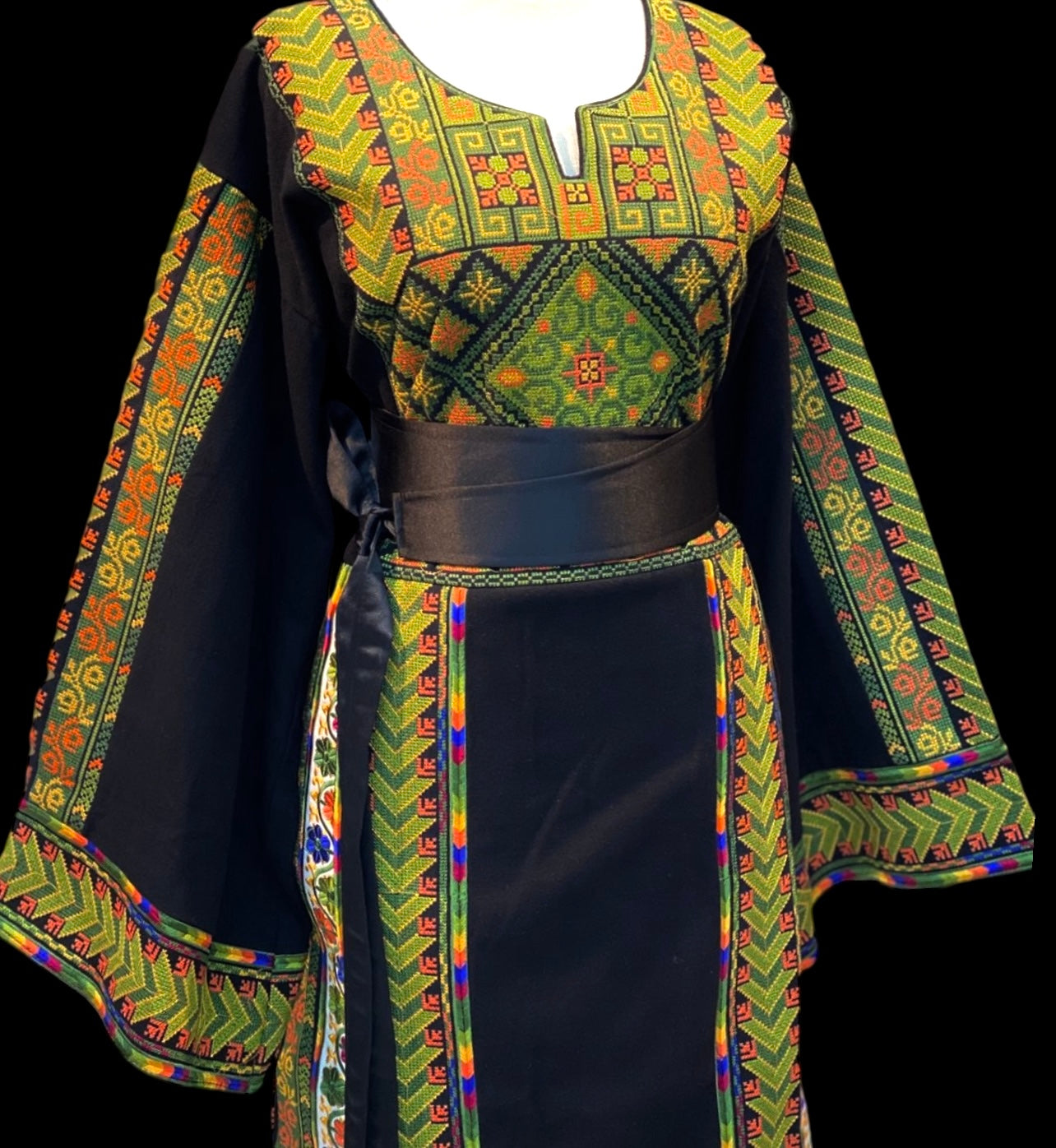 Black Etameen Green Embroidered Palestinian Fellahi Thobe With Kashmir belt