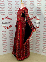 Load image into Gallery viewer, Red Embroidered Palestinian Thobe with Matching Embroidered Belt

